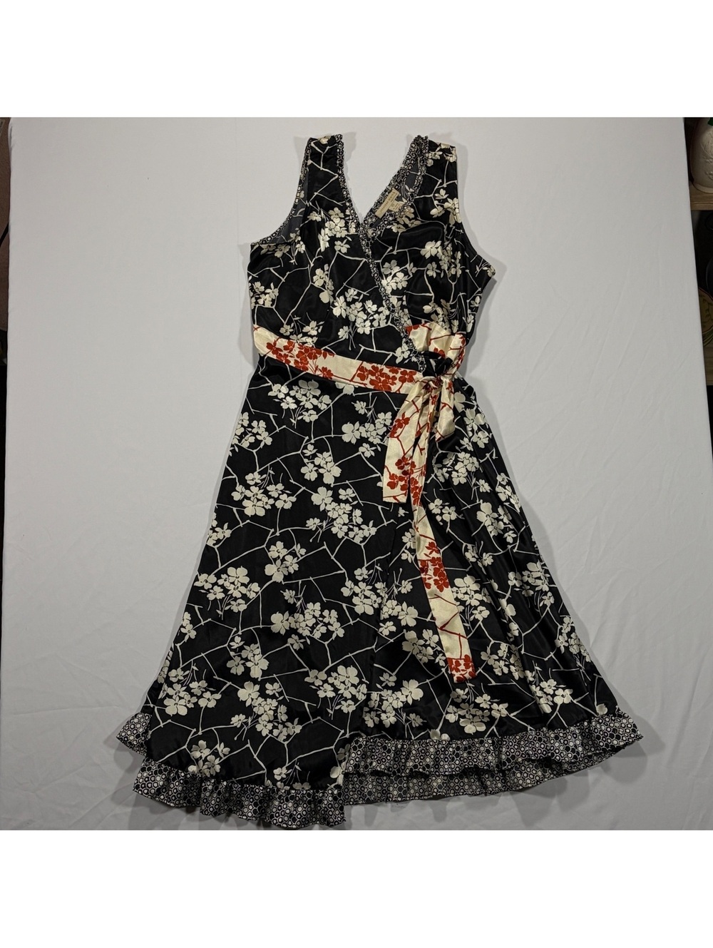 Satin Dress Wrap Maxi 90s Floral Black/Cream Orange Accent